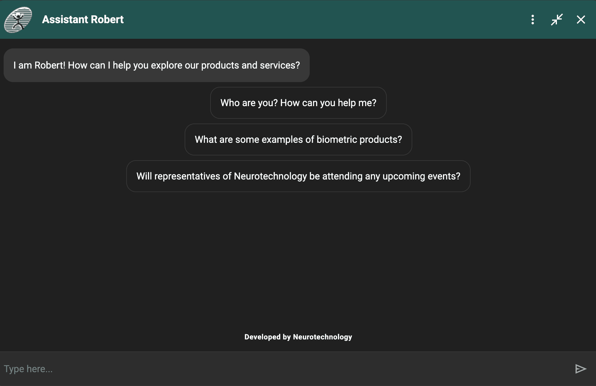 Desktop view of Assistant Robert chatbot by Neurotechnology