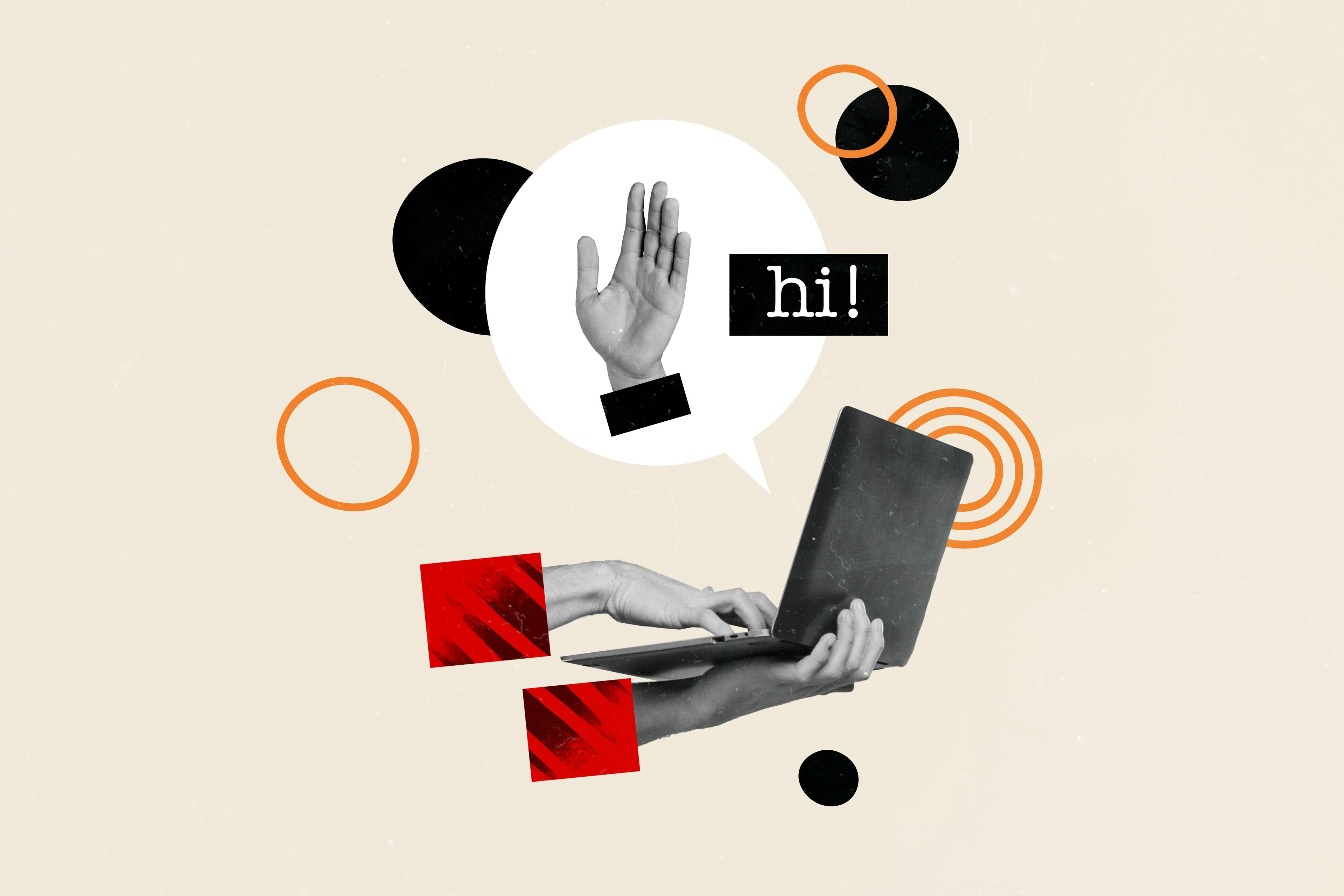 visual graphics of computer and waving hand